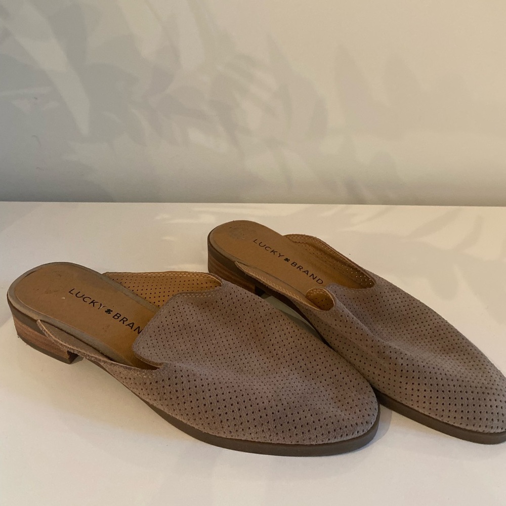 Lucky brand beige suede slip ons